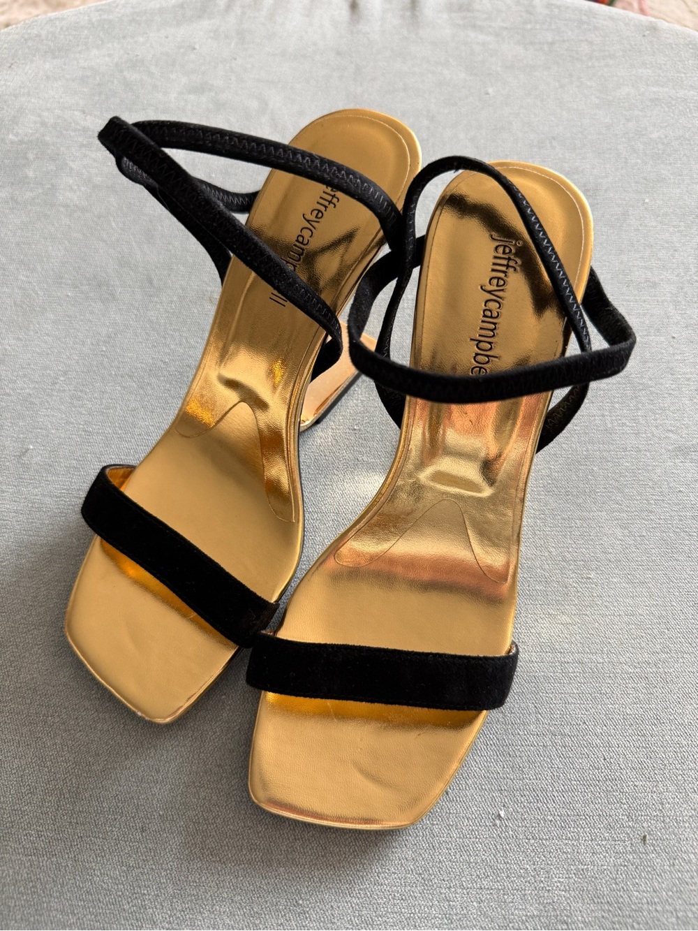Jeffrey Campbell Black Strappy “Geometric” Sandals with Gold Footbed